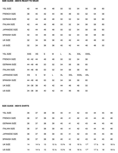 taille yves saint laurent|ysl size chart men.